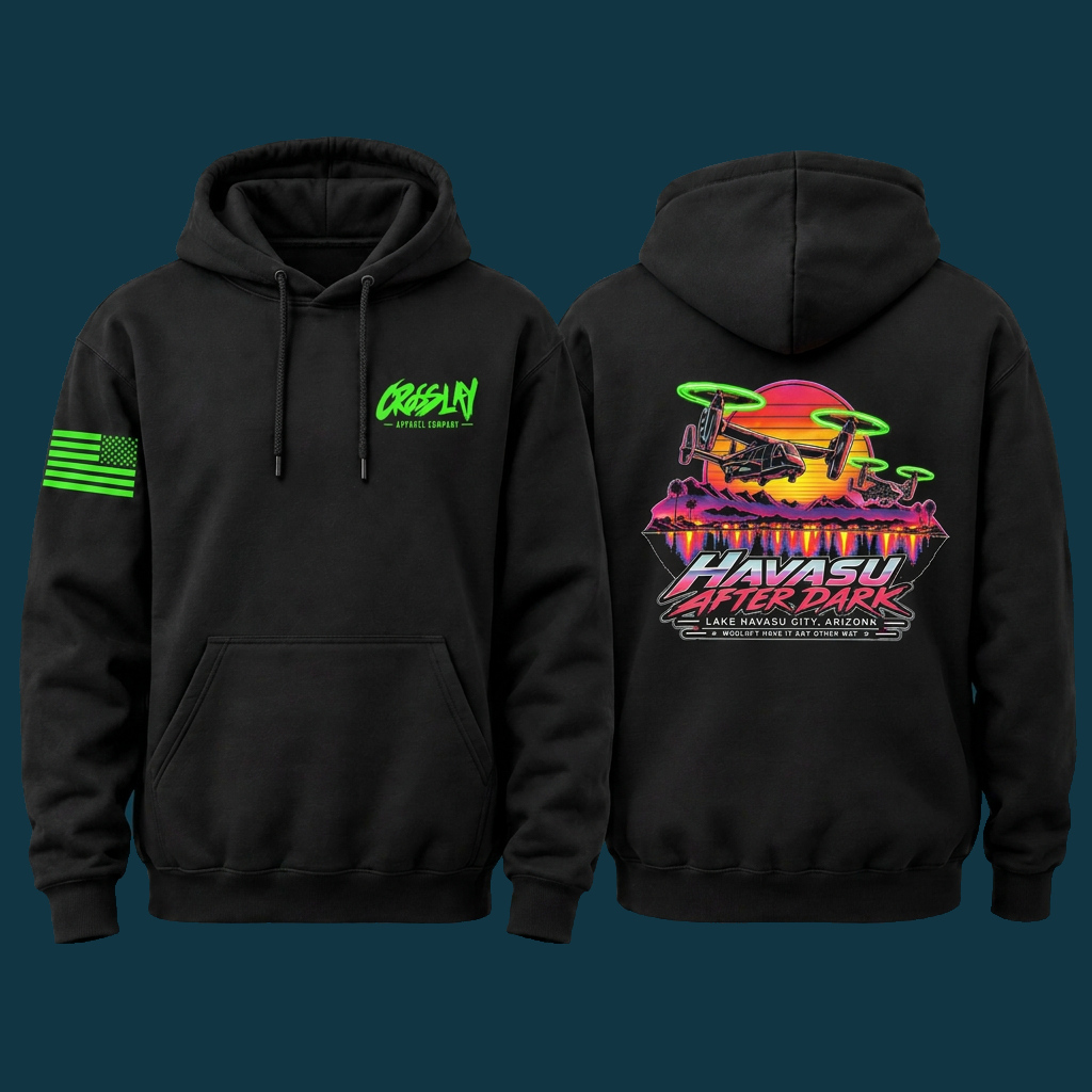 Havasu After Dark black hoodie — Crosslay front crest, green sleeve flag, and colorful Lake Havasu sunset back graphic