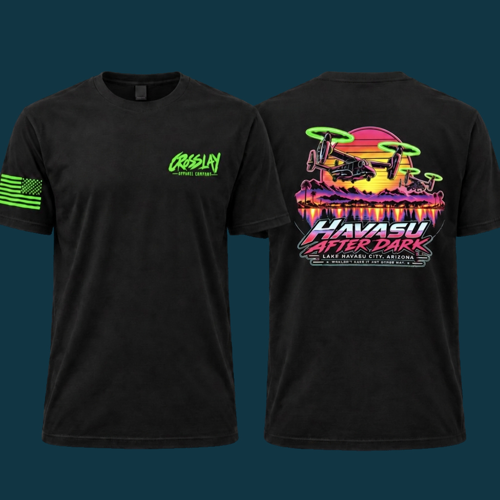 Havasu After Dark black shirt — Crosslay front crest, green sleeve flag, and colorful Lake Havasu back graphic