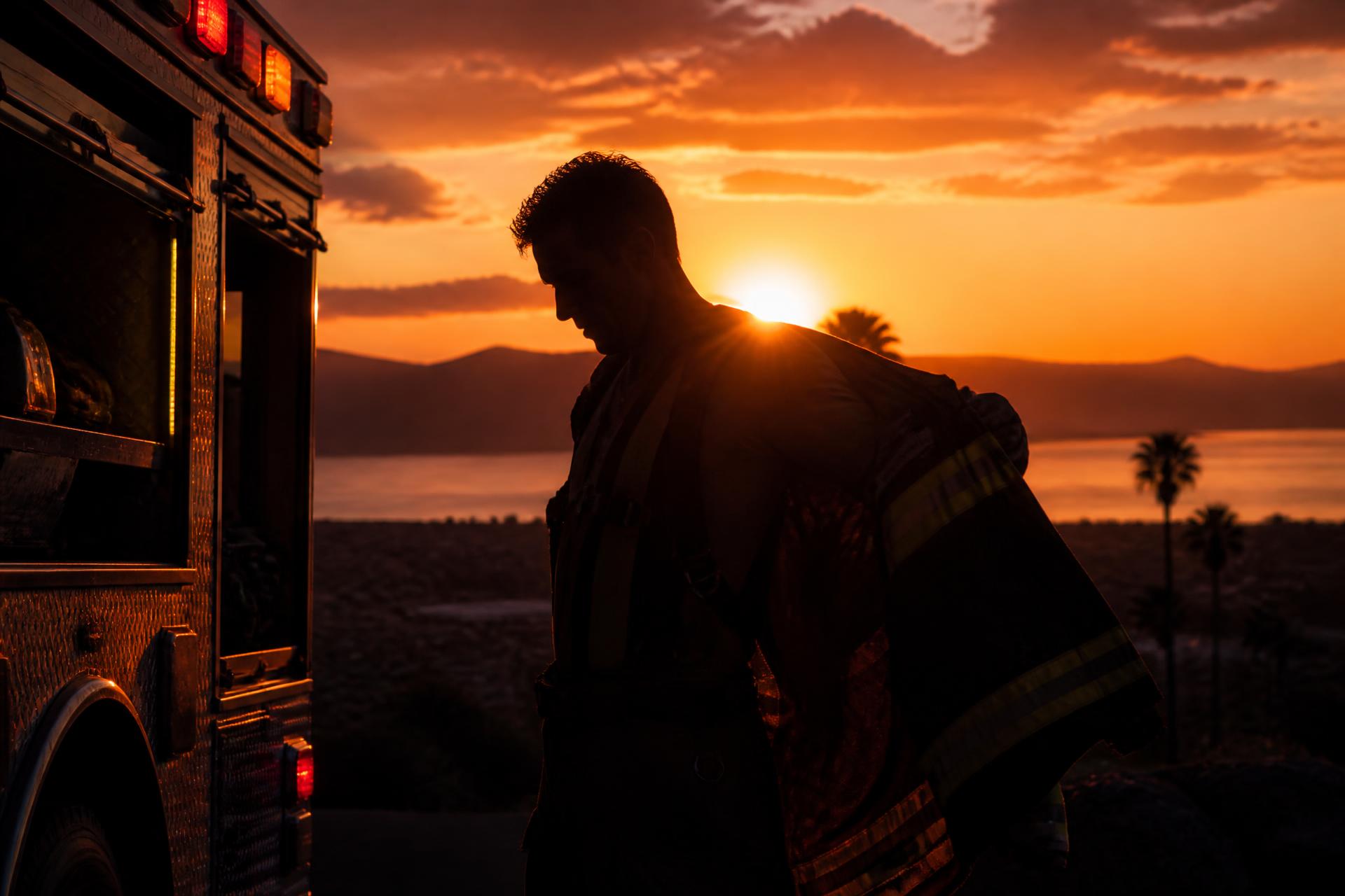 Firefighter at sunset removing gear by a truck